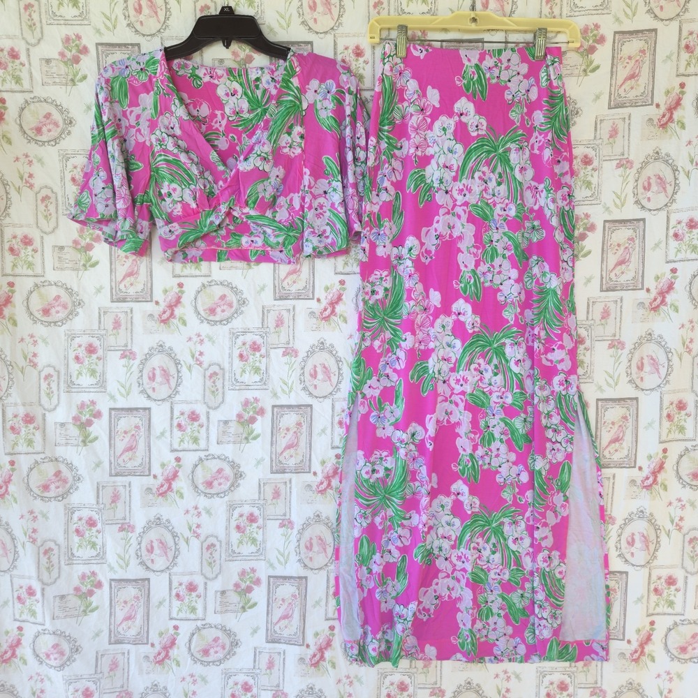 Lilly Pulitzer Minka Maxi Skirt Set Roxie Pink Worth A Look 2 Pc Crop Top XXS